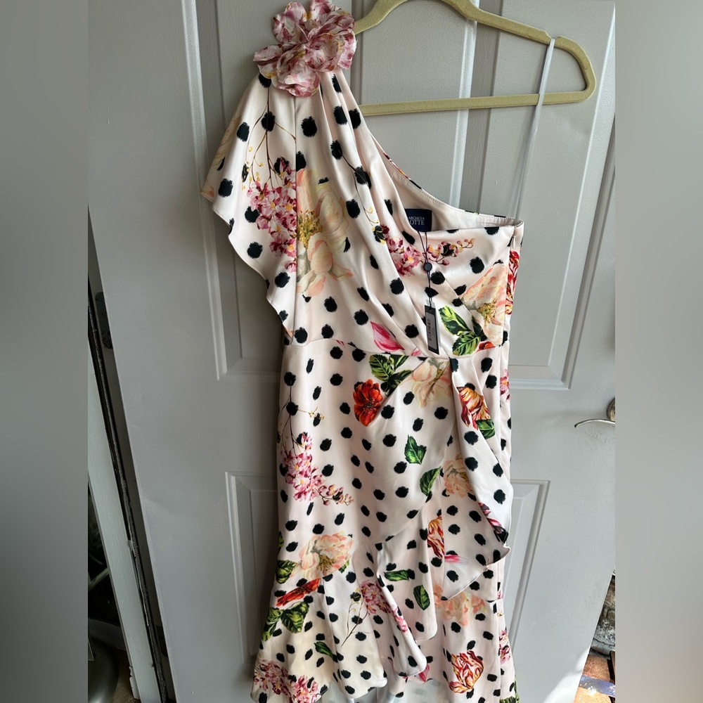 Marchesa Notte Floral Print One Shoulder Mini Dress